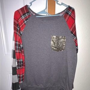 Gray Long Sleeve Top with Red Plaid Sleeves and Glitter Pocket